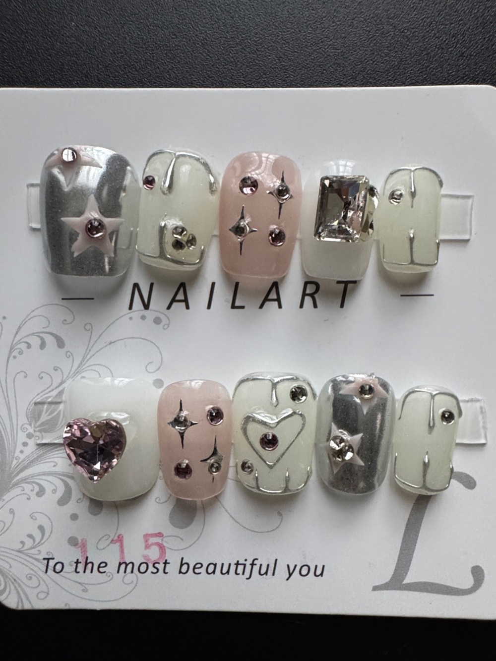 Pink, Silver & Cream Star & Heart Rhinestone Press-Ons